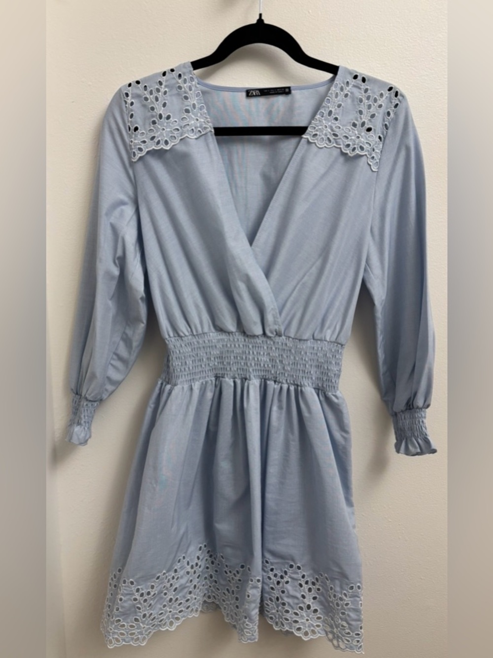 Zara Light Blue Eyelet Lace Mini Dress V Neck Smocked Waist Long Sleeve Small